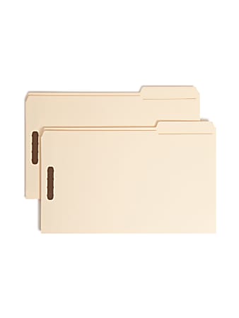 Smead&reg; Fastener Folders With Reinforced Tab, 2" Capacity, 2 Fasteners, Legal Size,1/3-Cut Tab, Manila, Box Of 50
