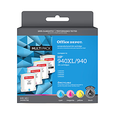 Office Depot® Remanufactured Black; Cyan; Magenta; Yellow High-Yield Ink Cartridge Replacement For HP 940XL, 940, Pack Of 4, OD940XLK940CMY-C