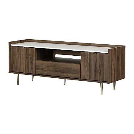 South Shore Hype TV Stand, 23-1/4”H x 60-3/4”W x 18-1/4”D, Natural Walnut/Faux Carrara Marble