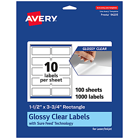 Avery® Glossy Permanent Labels With Sure Feed®, 94205-CGF100, Rectangle, 1-1/2" x 3-3/4", Clear, Pack Of 1,000
