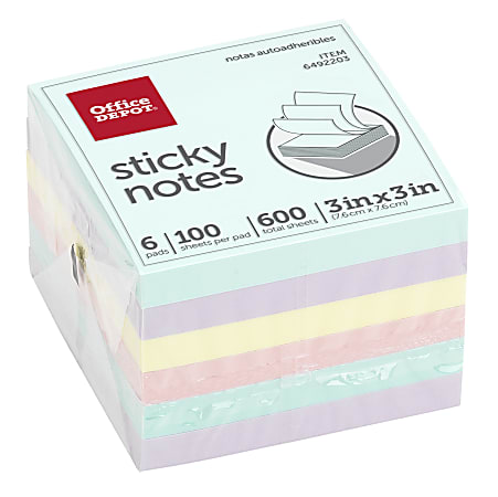 Office Depot Brand Sticky Notes 3 x 3 Assorted Pastel Colors 100