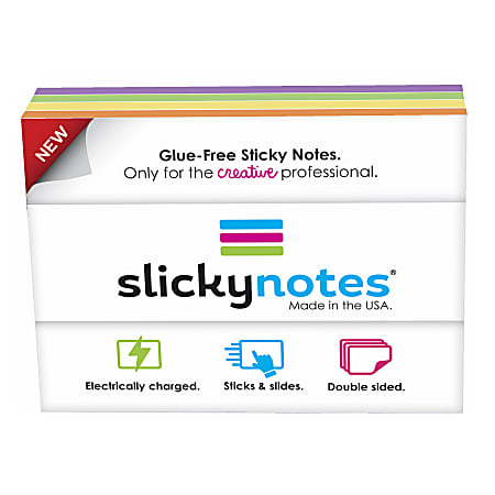 Slickynotes Self-Stick Notes, 3 15/16" x 2 15/16", Assorted Colors, 100% Recycled, 95 Sheets Per Pad, Pack Of 4 Pads