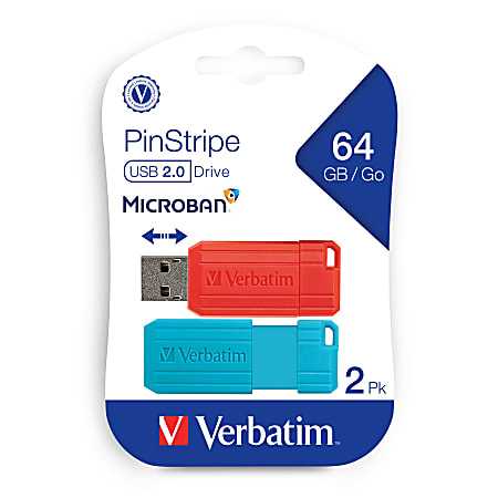 Verbatim® PinStripe USB 2.0 Flash Drives, 64GB, Blue/Red, 2 Pack