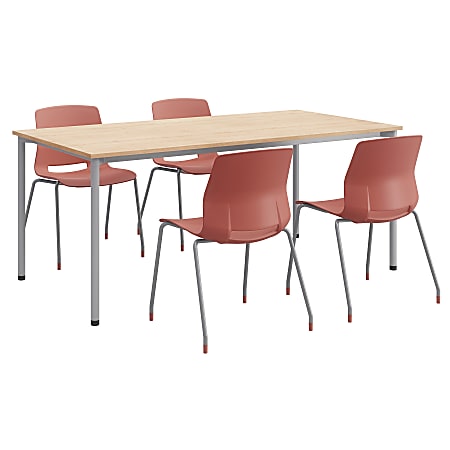 KFI Studios Dailey Table Set With 4 Sled Chairs, Natural/Silver Table/Coral Chairs