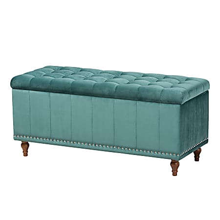 Baxton Studio Modern And Contemporary Velvet Button-Tufted Storage Ottoman Bench, 18-3/4"H x 41-3/4"W x 16-3/4"D, Teal Blue/Brown