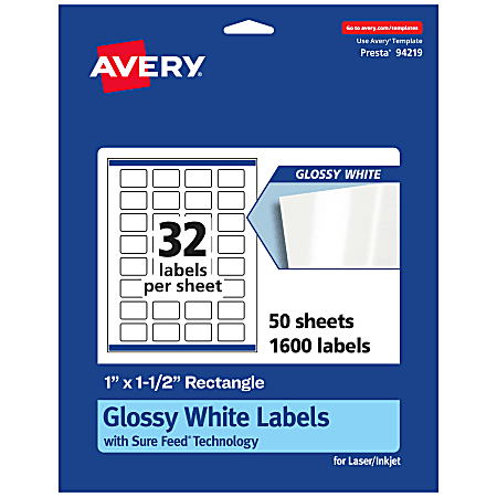 Avery® Glossy Permanent Labels With Sure Feed®, 94219-WGP50, Rectangle, 1" x 1-1/2", White, Pack Of 1,600