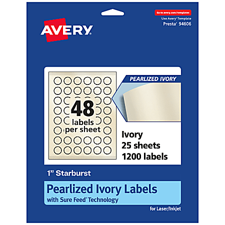 Avery® Pearlized Permanent Labels With Sure Feed®, 94606-PIP25, Starburst, 1", Ivory, Pack Of 1,200 Labels