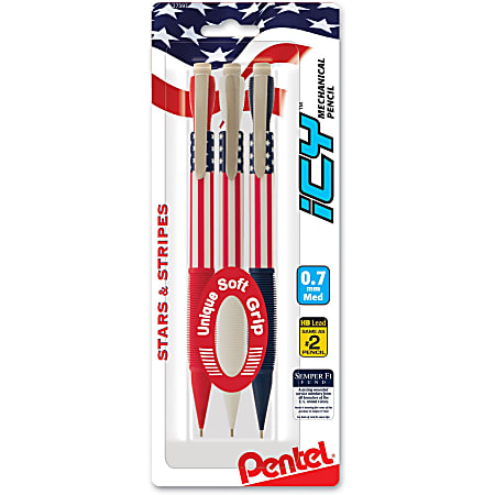 Pentel® Stars & Stripes Mechanical Pencils, #2 Lead, Medium Point, 0.7 mm, Red/White/Blue Barrel, Pack Of 3