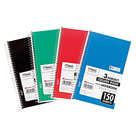 Mead® Wirebound Notebook, 6" x 9-1/2", 3 Subject, College Rule, 150 Sheets, Assorted