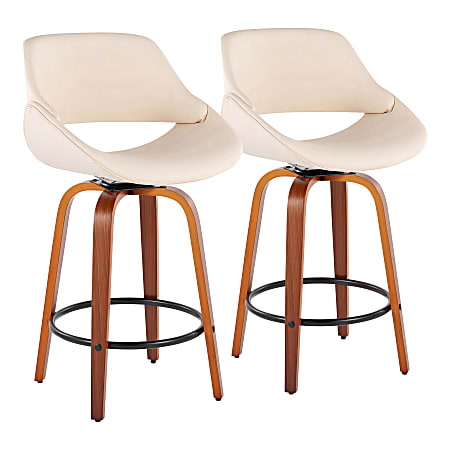 LumiSource Fabrico Counter Stools, Cream/Walnut/Round Black Footrest, Set Of 2 Stools