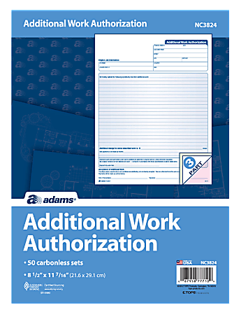 Adams® Additional Work Authorization Forms, 3-Part, Carbonless, 8 1/2" x 11", White/Canary/Pink, Pack Of 50