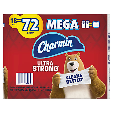 Charmin Ultra Strong 2-Ply Mega Toilet Paper Rolls, 4-1/2” x 4”, White, 242 Sheets Per Roll, Pack Of 18 Rolls
