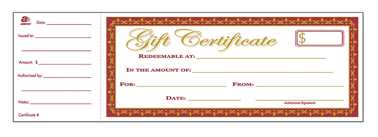 Adams® 1-Part Gift Certificates, 3 1/4" x 10 3/4", White, Pack Of 25