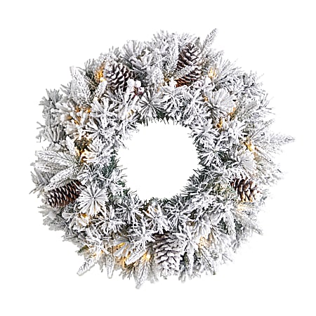 Nearly Natural Flocked Artificial Christmas Wreath With 35 Warm LED Lights, 20” x 5”, White