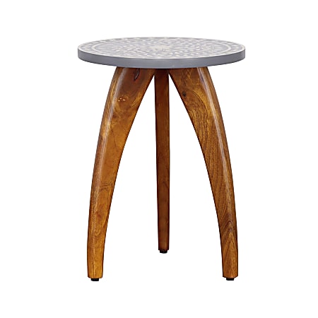 Coast to Coast Wood Round Accent Table With Bone Inlay, 22”H x 16”W x 16”D, Sandalwood Brown/Floral Blue