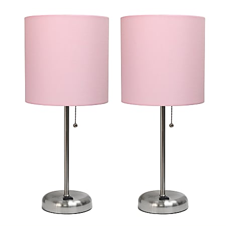 LimeLights Stick Desktop Lamps With Charging Outlets, 19-1/2", Light Pink Shade/Brushed Nickel Base, Set Of 2 Lamps