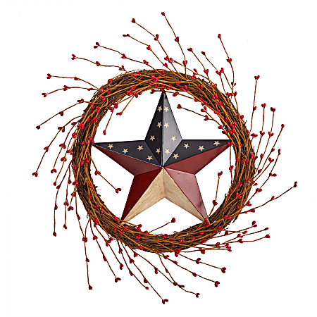 Nearly Natural Americana Patriotic Star 20”H Artificial Wreath, 20”H x 20”W x 3-1/2”D, Red/White/Blue