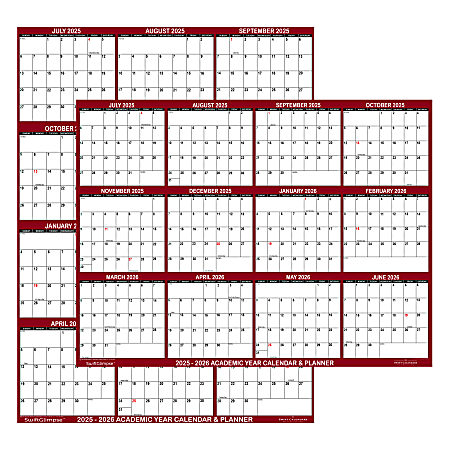 2025-2026 SwiftGlimpse Academic Erasable Monthly Wall Calendar, 24" x 36", White/Maroon, July 2025 To June 2026