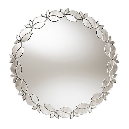 Baxton Studio Petal Leaf Round Accent Wall Mirror, 32", Antique Silver