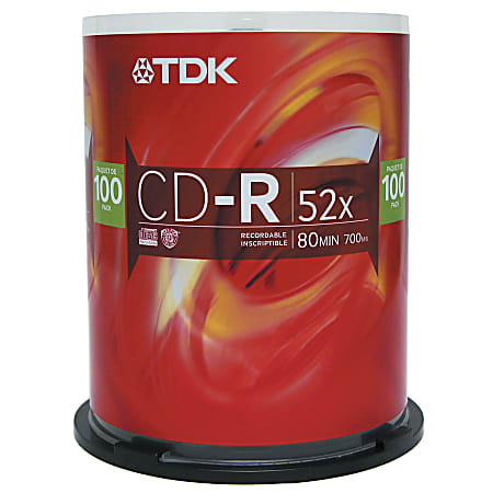 TDK CD-R Recordable Media Spindle, 700MB/80 Minutes, Pack Of 100