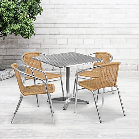 Flash Furniture Lila Square Aluminum Indoor-Outdoor Table With 4 Chairs, 27-1/2"H x 31-1/2"W x 31-1/2"D, Beige, Set Of 5