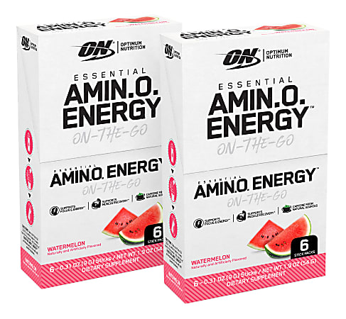 Optimum Nutrition Essential Amino Energy Stick Packs, 0.31 Oz, Watermelon, 6 Sticks Per Box, Pack Of 2 Boxes