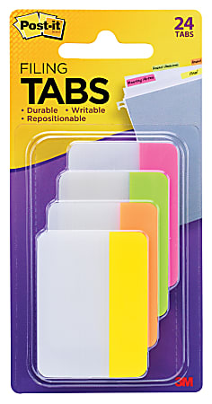 Post-it® Notes Durable Filing Tabs, 2" x 1-1/2", Assorted Colors, 6 Flags Per Pad, Pack Of 4 Pads