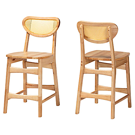 Baxton Studio Nenet Mid-Century Modern Finished Wood/Rattan Counter-Height Stools With Backs, Oak Brown, Set Of 2 Stools