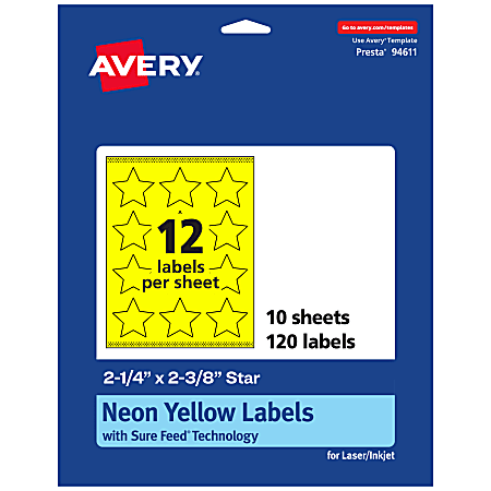 Avery® Print-To-The-Edge Labels With Sure Feed® Technology, 94611-NYP10, Star, 2-1/4" x 2-3/8", Matte Neon Yellow, Pack of 120