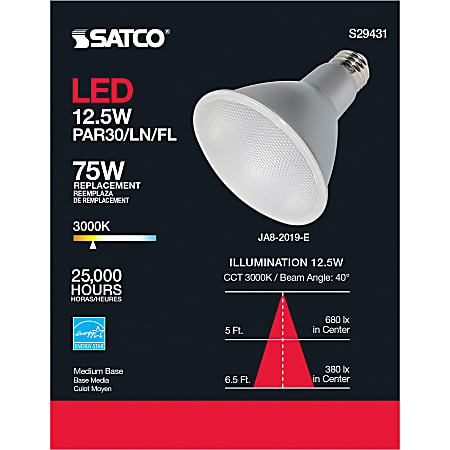 Satco PAR 30 LN LED Bulb - 12.50 W - 75 W Incandescent Equivalent Wattage - 120 V AC - 1000 lm - Parabolic Reflector - PAR30LN Size - Clear - Warm White Light Color - E26 Base - 25000 Hour - 4940.3degF (2726.8degC) Color Temperature - 90 CRI - 40