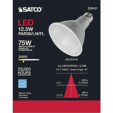 Satco PAR 30 LN LED Bulb - 12.50 W - 75 W Incandescent Equivalent Wattage - 120 V AC - 1000 lm - Parabolic Reflector - PAR30LN Size - Clear - Warm White Light Color - E26 Base - 25000 Hour - 4940.3degF (2726.8degC) Color Temperature - 90 CRI - 40