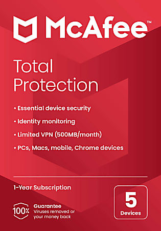 McAfee® Total Protection Antivirus & Internet Security Software, For 5 Devices, 1-Year Subscription, Windows®/Mac®/Android/iOS/Chrome OS, Product Key