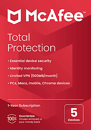McAfee&reg; Total Protection Antivirus &amp; Internet Security Software, For 5 Devices, 1-Year Subscription, Windows&reg;/Mac&reg;/Android/iOS/Chrome OS, Product Key