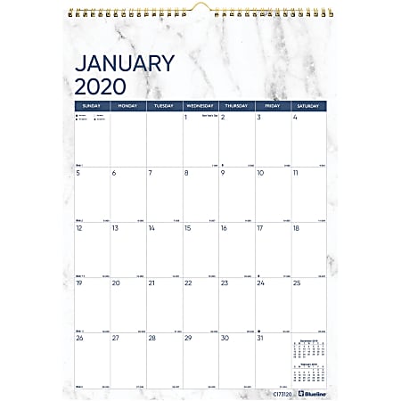 Blueline Marble Wall Calendar - Julian Dates - Monthly - 1 Year - January 2021 till December 2021 - 1 Month Single Page Layout - Twin Wire - Marble - Holiday Listing, Reference Calendar, Moon Phases - 1 Each