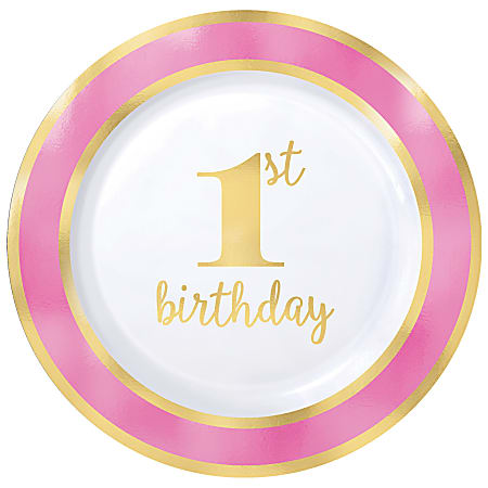 Amscan First Birthday Premium Plastic Plates, 10-1/4", Pink, Pack Of 10 Plates