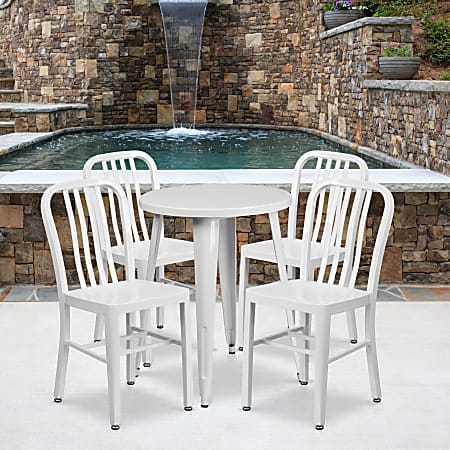 Flash Furniture Commercial-Grade Round Metal Indoor/Outdoor Table Set With 4 Vertical Slat-Back Chairs, White