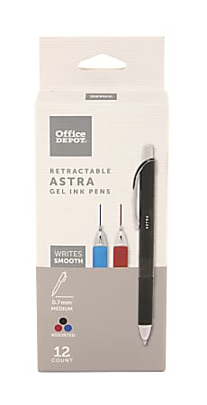 Office Depot® Brand Astra Retractable Gel Ink Pens, Medium Point, 0.7 mm, Assorted Barrel Colors, Assorted Ink Colors, Pack Of 12 Pens