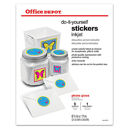 Office Depot® Inkjet Do-It-Yourself Stickers, Letter Size (8 1/2" x 11"), Pack Of 5