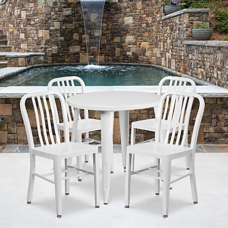 Flash Furniture Commercial Grade Round Metal Indoor-Outdoor Table With 4 Chairs, 29-1/2”H x 30”W x 30”D, White, Set Of 5