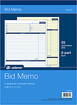 Adams® Bid Memo Book, 8 3/8" x 11 7/16", White, 50 Sheets Per Book
