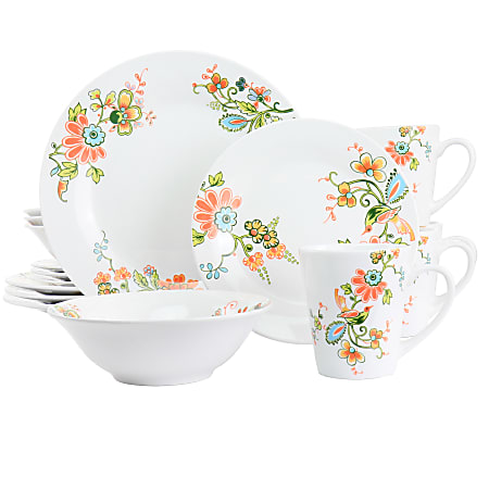 Elama Spring Bloom 16-Piece Round Porcelain Dinnerware Set, Multicolor
