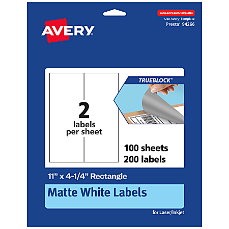Avery® TrueBlock® Labels, 94266-TWMP100, Rectangle, 11" x 4-1/4", Matte White, Pack Of 200
