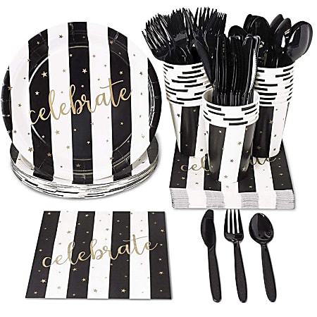 Juvale Black And Gold Party Supplies - Serves 24 - For Graduation, Birthday And Anniversary Parties