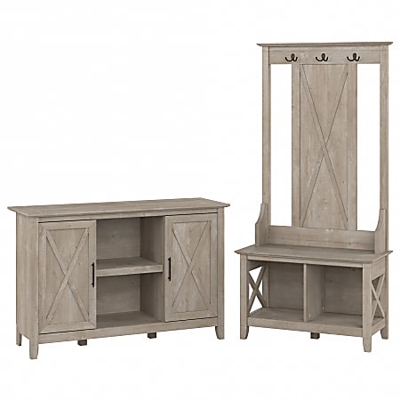 Bush® Furniture Key West 47"W Entryway Storage Set With Hall Tree, Shoe Bench And 2-Door Cabinet, Washed Gray, Standard Delivery