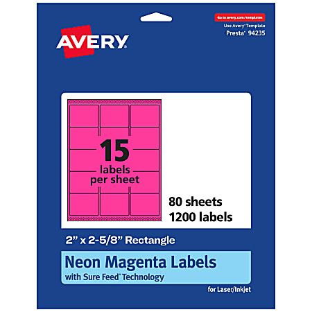 Avery® Printable Labels With Sure Feed® Technology, 94235-NMP80, Rectangle, 2" x 2-5/8", Matte Neon Magenta, Pack of 1200