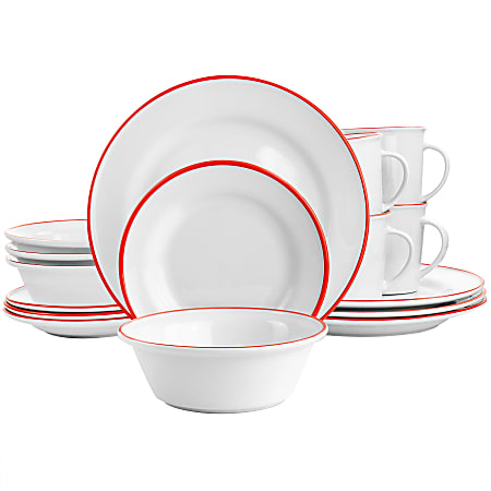 Martha Stewart Fine Ceramic 16-Piece Dinnerware Set, White/Red