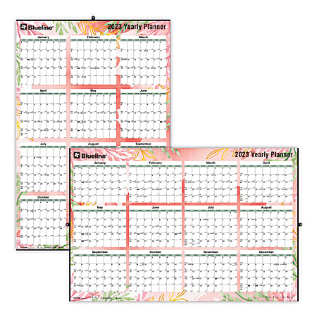 Blueline® Yearly Laminated Wall Calendar, 24&quot; x 36&quot;,