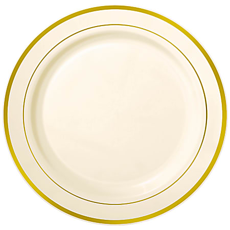 Amscan Premium Plastic Plates With Trim, 10-1/4”, Cream/Gold, Pack Of 10 Plates