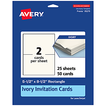 Avery® Printable Invitation Cards, 95279-MIC25, Rectangle, 5.5" x 8.5", Matte Ivory, Pack Of 50