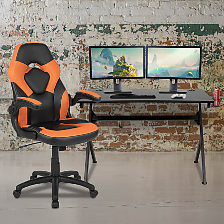 Flash Furniture Gaming Desk And Racing Chair Set With Cup Holder, Headphone Hook & 2 Wire Management Holes, Orange